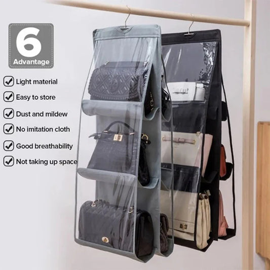 Non-Woven 6 Pockets Hand Bags Organizer / Dust-Proof Space Saving Bag Holder With Hanging Hook