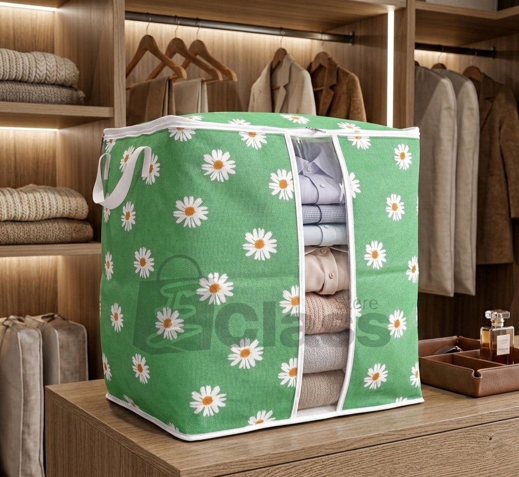 120 GSM Non Woven Storage Bag In Floral Print (Green) eclassstore.pk