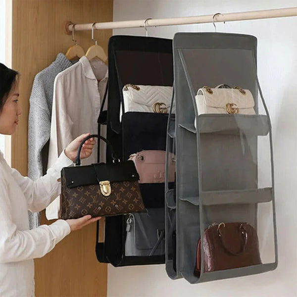 Non-Woven 6 Pockets Hand Bags Organizer / Dust-Proof Space Saving Bag Holder With Hanging Hook