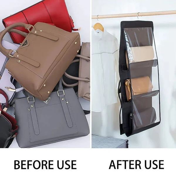 Non-Woven 6 Pockets Hand Bags Organizer / Dust-Proof Space Saving Bag Holder With Hanging Hook