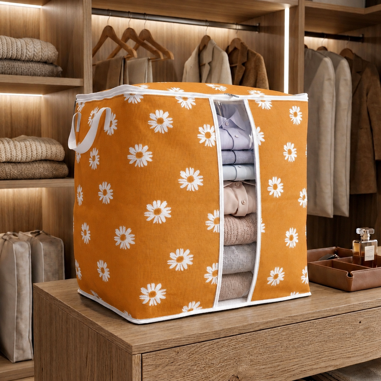 120 GSM Non Woven Storage Bag In Floral Print (Orange) eclassstore.pk